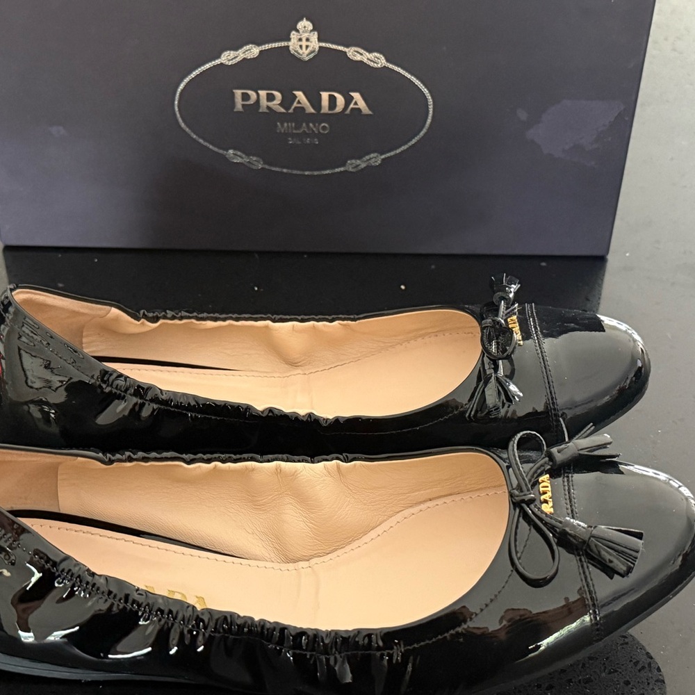 Prada Glossy Black Leather Flats with Bow